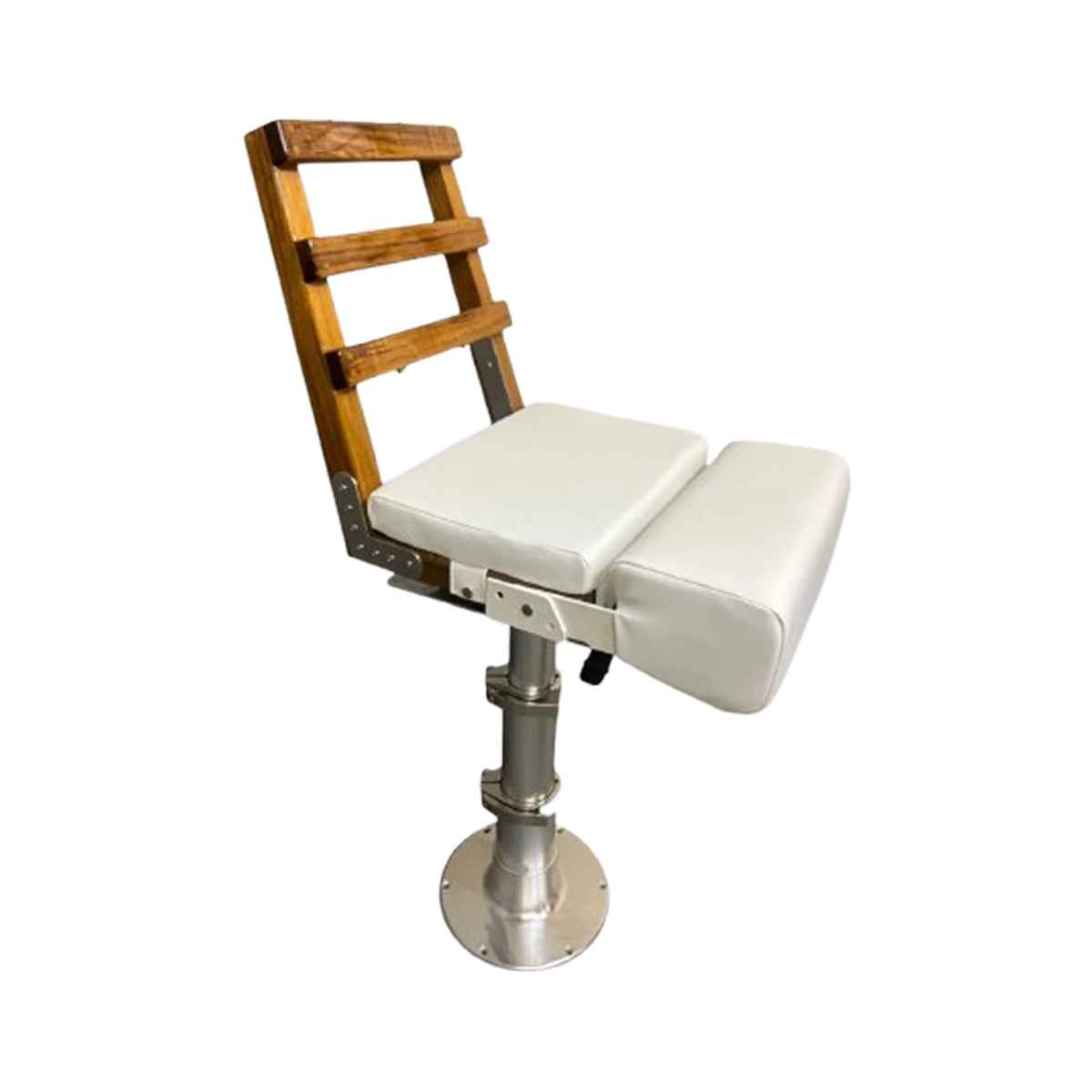 3 Rung Armless Teak Ladderback with Flip Up Bolster - marine-grade vinyl upholstery