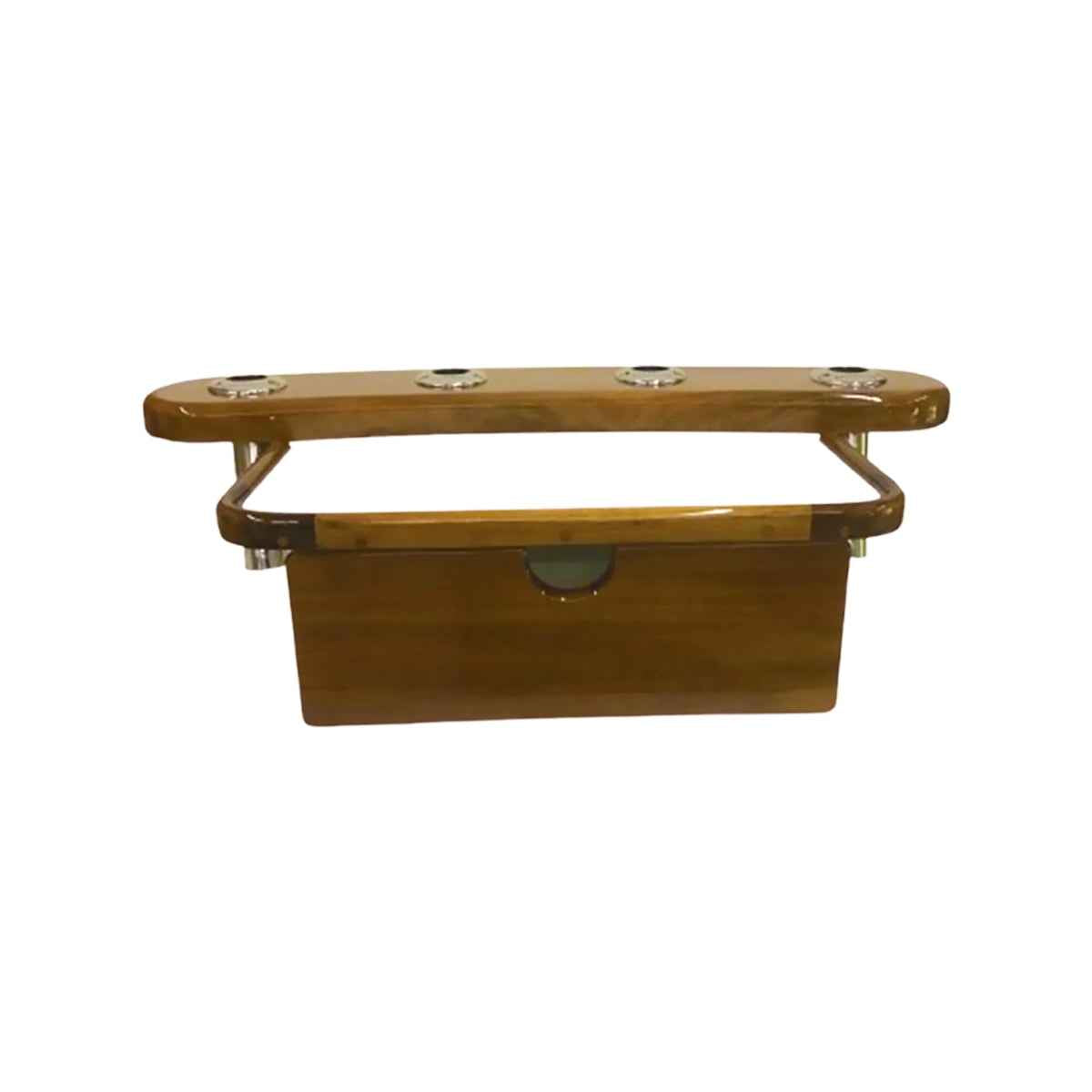 4 Rod Holder Teak Rocket Launcher with Oversize Bait Tray - side view showing frame construction