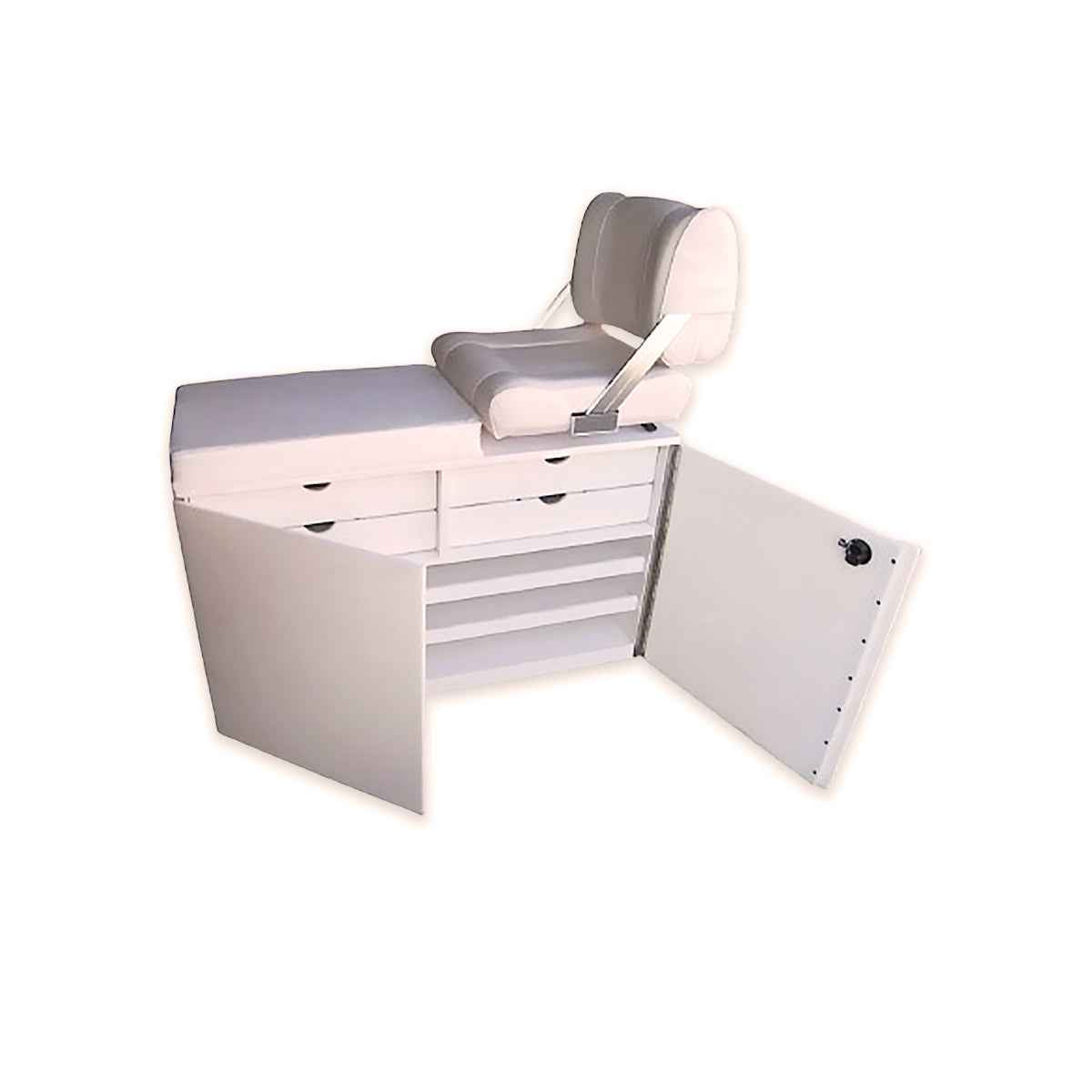 Double Wide Seat Locker Cabinet with Two Swingback Seats - Arrigoni custom marine cabinet