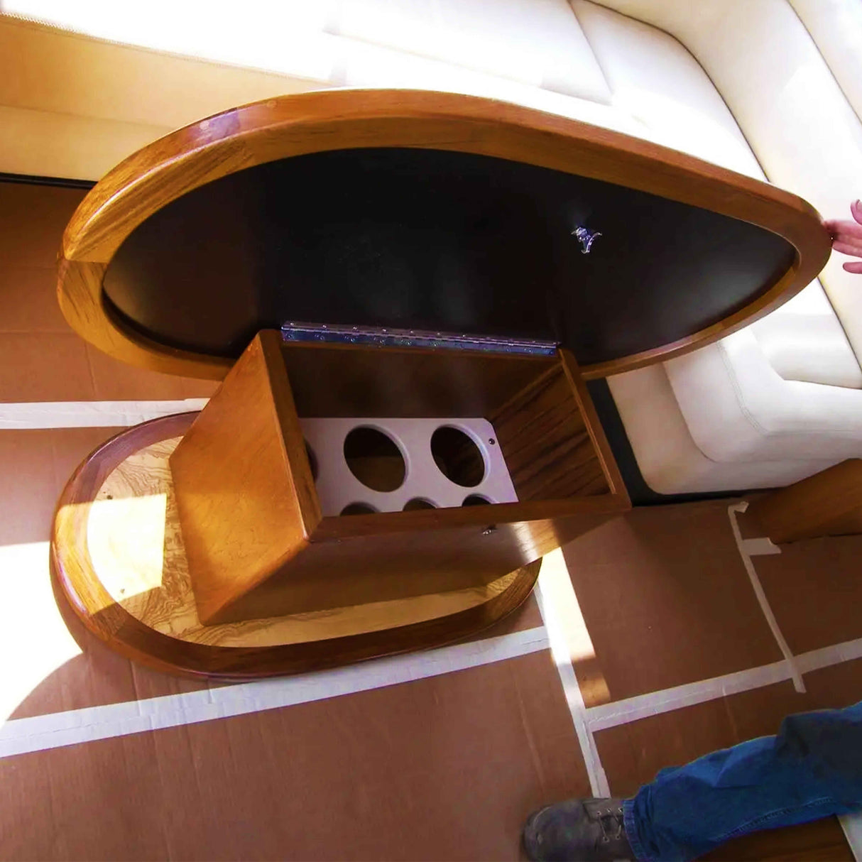 Nautical Lift-Top Storage Table - installed in boat cockpit