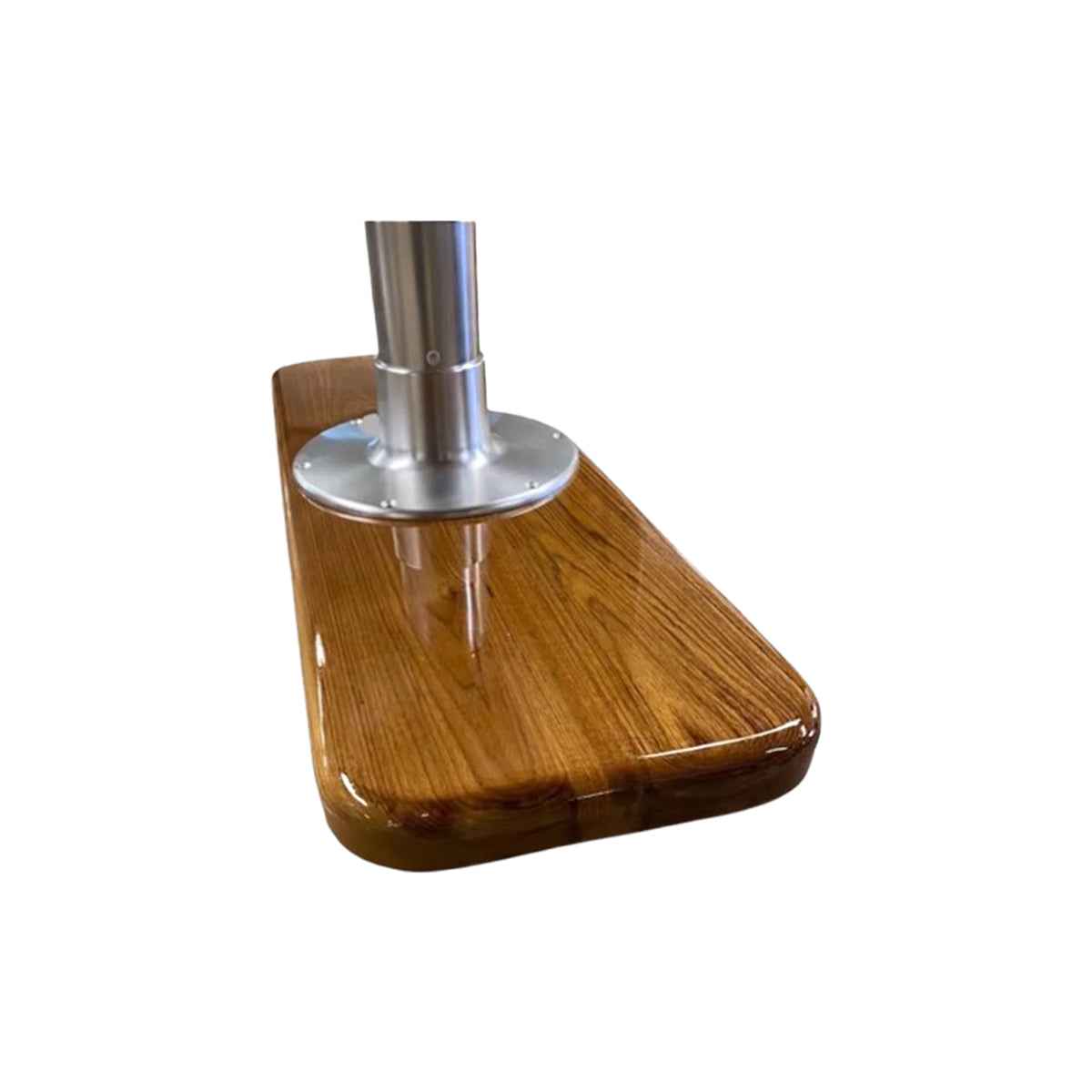 Adjustable 3 Stage Bright Dip Pedestal on Matching Wooden Floor Base - Arrigoni custom boat table