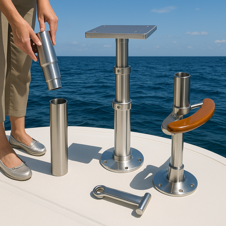 Metal boat accessories on a boat deck 