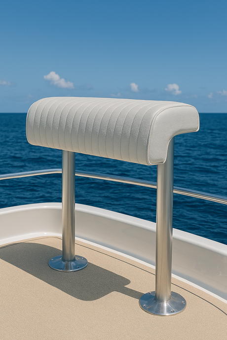 White cushioned rail guard on a boat with blue ocean and sky in the background