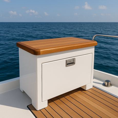 Wooden storage box on a boat with ocean in the background
