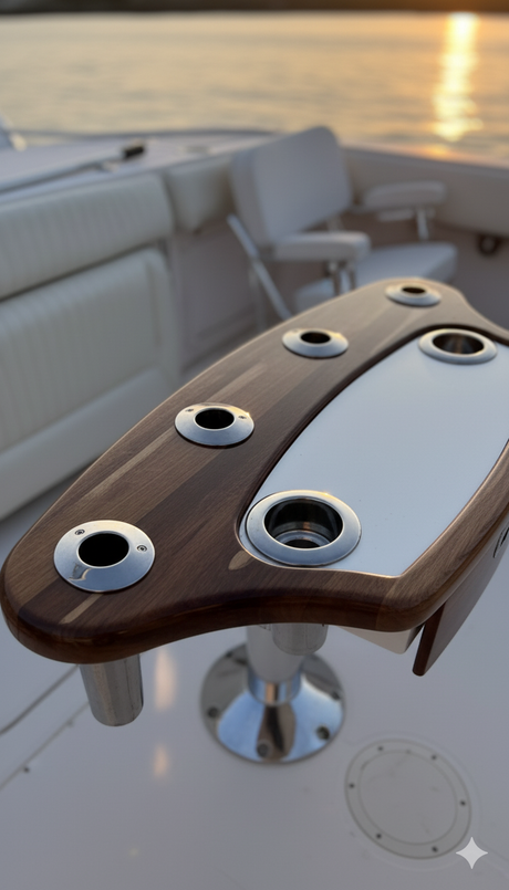Close-up of a boat's wooden and metal seat in arrigonidesign