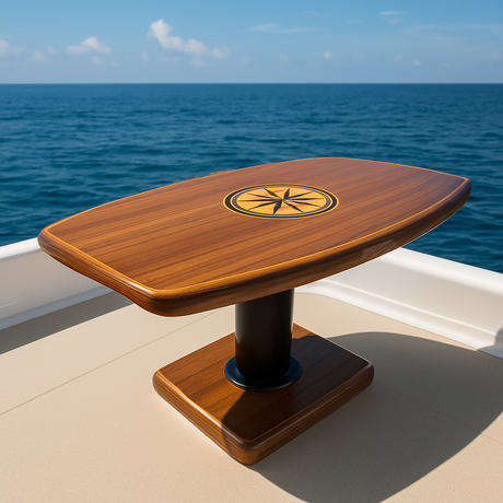 Wooden table with a compass rose design on a boat deck  arrigonidesign