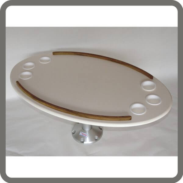 oval poly cockpit table with teak edge rails and 6 cup holders