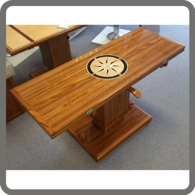 teak hi low boat table with compass rose 4